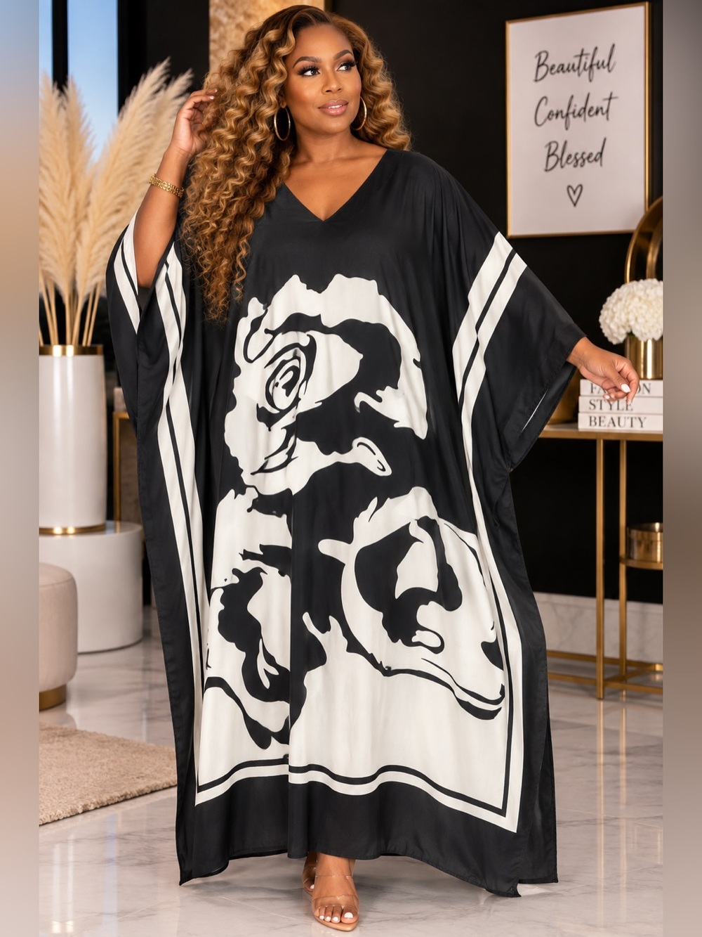 Elegant Black & White Floral Kaftan Dress